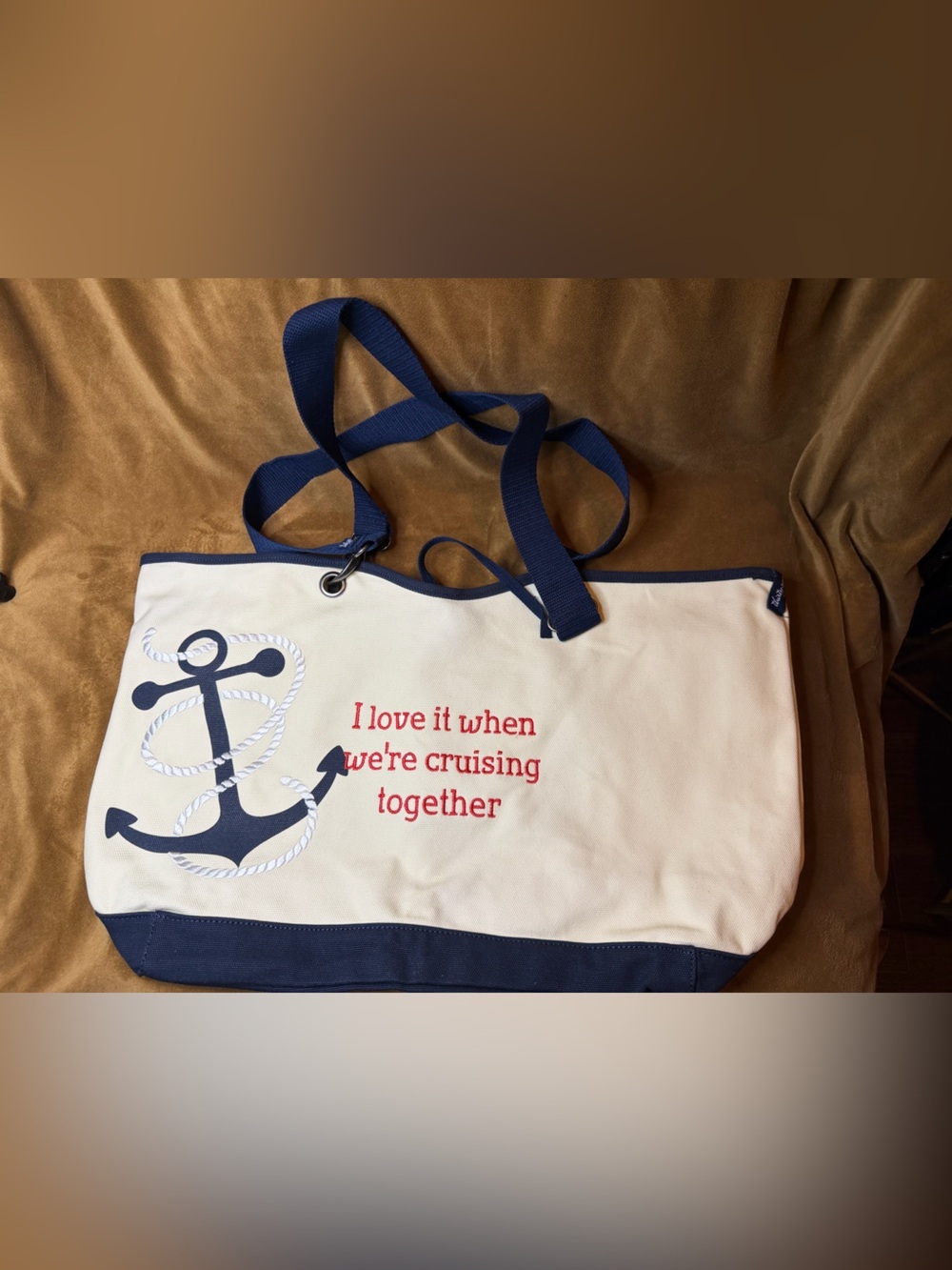 thirty-one Navy and Cream Anchor Tote with Red Text